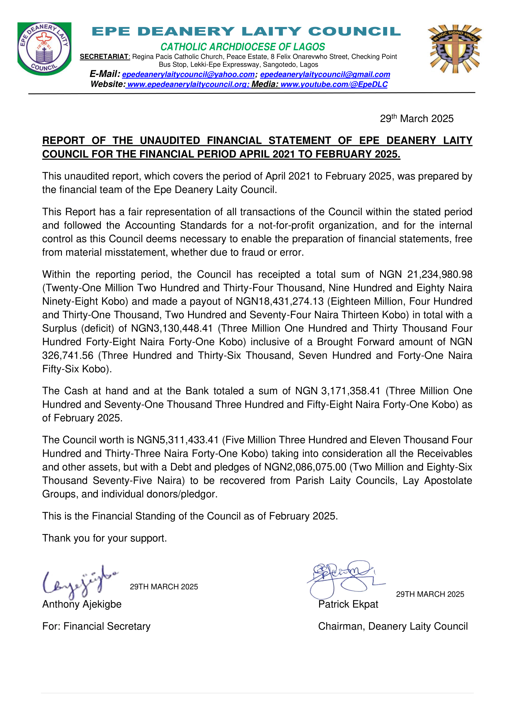 EPE DEANERY INAUGURAL AGM - FINANCIAL STATEMENT REPORT _rev04-01